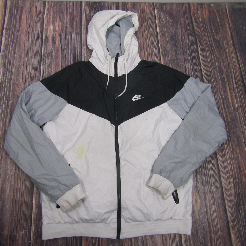 Nike Jacket Mens Large Gray Black White Hooded Full Zip Windbreaker Colorblock